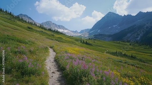 Scenic Mountain Landscape with Vibrant Wildflowers and Clear Blue Sky in a Serene Valley with Gentle Trail Leading into the Majestic Rocky Mountains