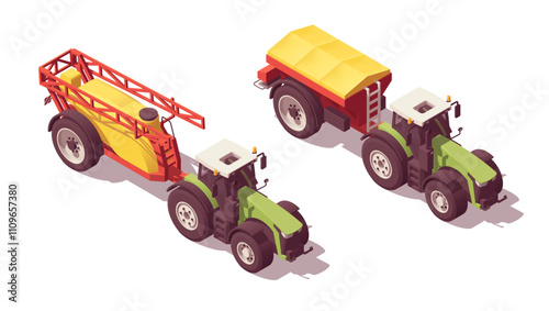 Set of isometric low poly tractors with sprayer and fertilizer spreader. Vector illustrator
