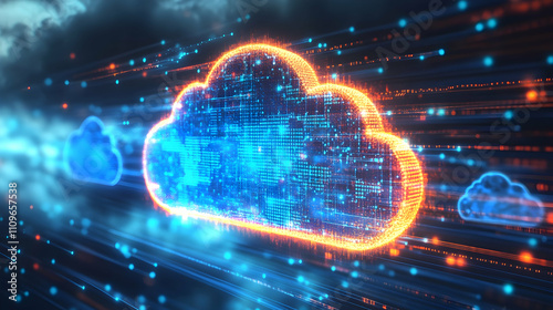 Wallpaper Mural A translucent blue neon cloud illuminated by orange light, hovering over a high-tech digital grid. Torontodigital.ca