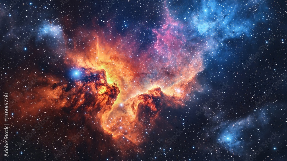 Stunning Celestial Nebula with Fiery Orange and Blue Colors Surrounded by Twinkling Stars in a Vast Cosmic Space Setting Captured in Stunning Detail Stunning Celestial Nebula with Fiery Orange and Blue Colors Surrounded by Twinkling Stars in a Vast Cosmic Space Setting Captured in Stunning Detail