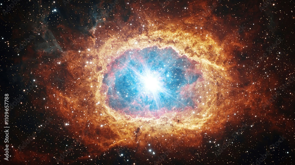 Obraz premium Stunning Cosmic Nebula with Radiant Star at the Center, Surrounded by Vibrant Orange and Blue Gases Shimmering in the Vastness of Outer Space