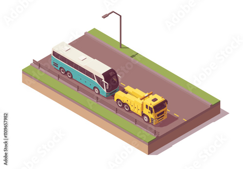 Isometric tow truck towing bus on the road. Vector illustration