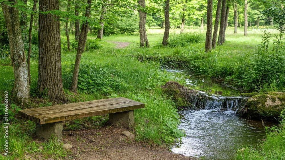 Serene Forest Scene Featuring Wooden Bench Beside Flowing Stream with Lush Green Grass and Vibrant Trees in Tranquil Nature Setting Serene Forest Scene Featuring Wooden Bench Beside Flowing Stream with Lush Green Grass and Vibrant Trees in Tranquil Nature Setting