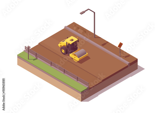 Isometric asphalt paving composition. Low poly yellow roller compacting soil. Vector illustrator