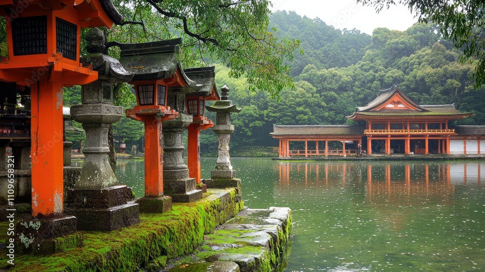 Serene Traditional Japanese Landscape Featuring Vibrant Red Lanterns and a Peaceful Reflection on a Calm Lake Surrounded by Lush Greenery and Misty Mountains Serene Traditional Japanese Landscape Featuring Vibrant Red Lanterns and a Peaceful Reflection on a Calm Lake Surrounded by Lush Greenery and Misty Mountains
