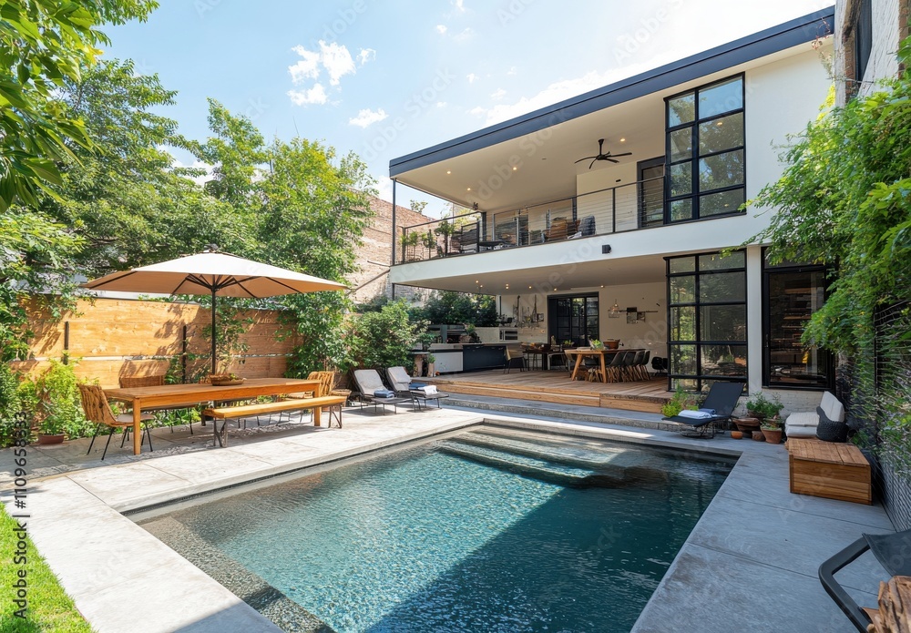 Fototapeta premium Modern Outdoor Space with Pool and Garden in Urban Setting Featuring Contemporary Architecture and Inviting Patio Furniture