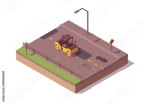 Isometric asphalt paving composition. Low poly yellow roller rolling asphalt. Vector illustrator