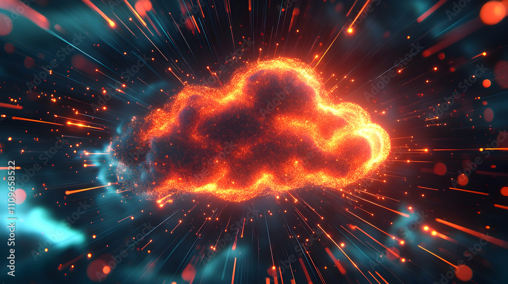 A bright orange glowing cloud radiating fiery energy with sparks and rays emanating in all directions. A bright orange glowing cloud radiating fiery energy with sparks and rays emanating in all directions.