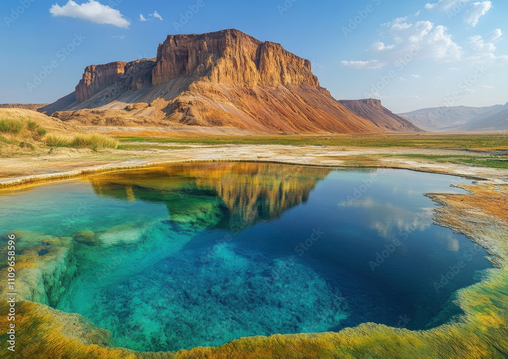 Fototapeta premium Serene Landscape with Clear Blue Water Pool Reflecting Rocky Mountain Under Bright Sky, Showcasing Nature's Beauty and Tranquility in a Unique Location