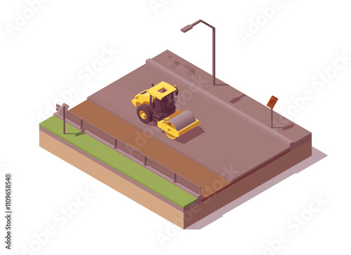 Isometric asphalt paving composition. Low poly yellow roller compacting gravel. Vector illustrator
