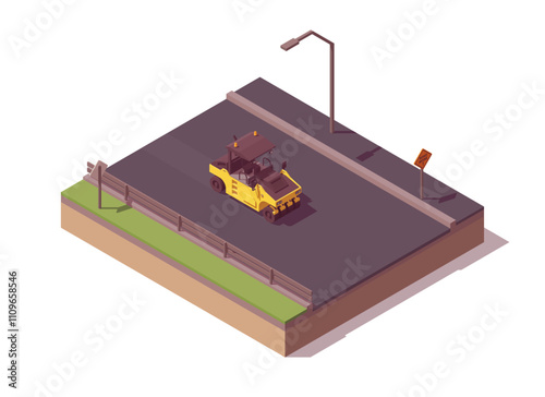 Isometric asphalt paving composition. Low poly yellow roller rolling asphalt. Vector illustrator
