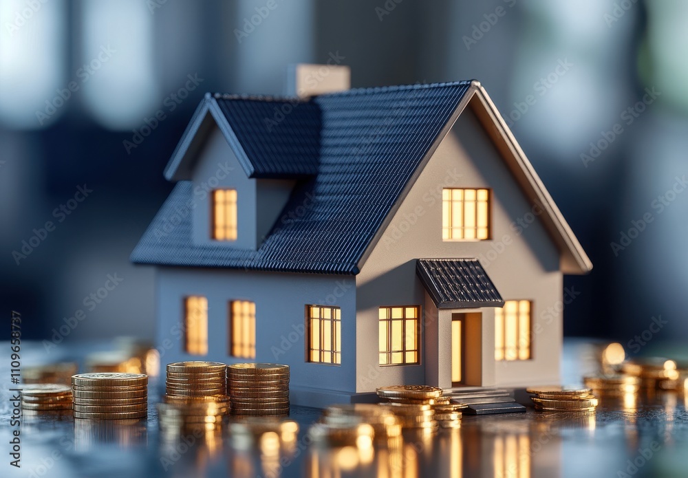 Small model house on a reflective surface surrounded by stacks of coins, symbolizing real estate investment, wealth accumulation, and financial growth opportunities for potential buyers. Small model house on a reflective surface surrounded by stacks of coins, symbolizing real estate investment, wealth accumulation, and financial growth opportunities for potential buyers.