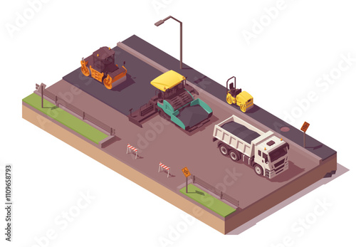Isometric asphalt paving composition. Low poly asphalt paver, rollers, and dump truck paving asphalt. Vector illustrator