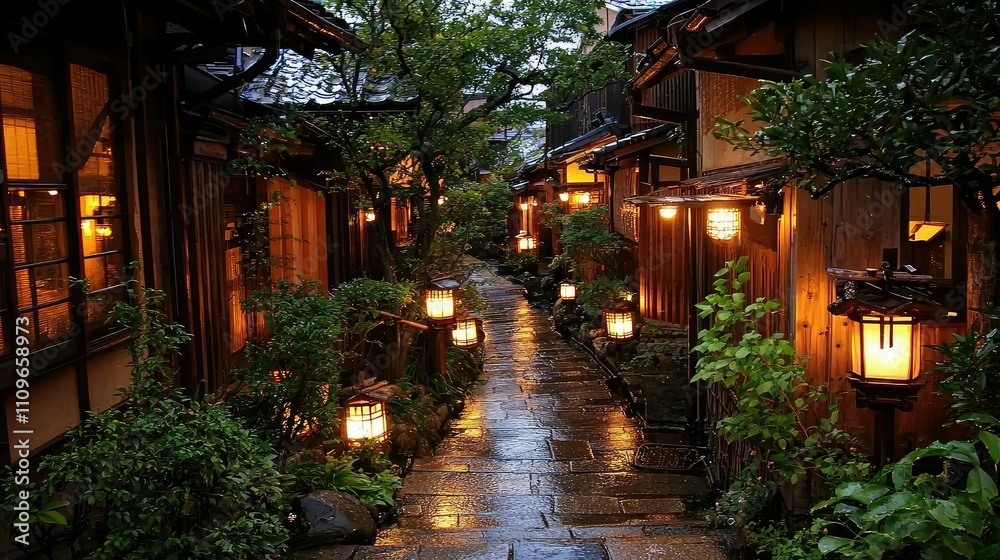 Tranquil Japanese Street Scene at Night with Rain-soaked Pavement, Lush Greenery, Lanterns, and Traditional Wooden Houses Illuminated in Soft Light Tranquil Japanese Street Scene at Night with Rain-soaked Pavement, Lush Greenery, Lanterns, and Traditional Wooden Houses Illuminated in Soft Light