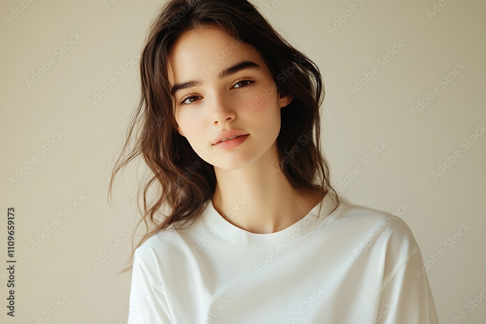 Stylish and detailed image of a female model wearing a white t-shirt, with a light-colored background, high-definition Stylish and detailed image of a female model wearing a white t-shirt, with a light-colored background, high-definition