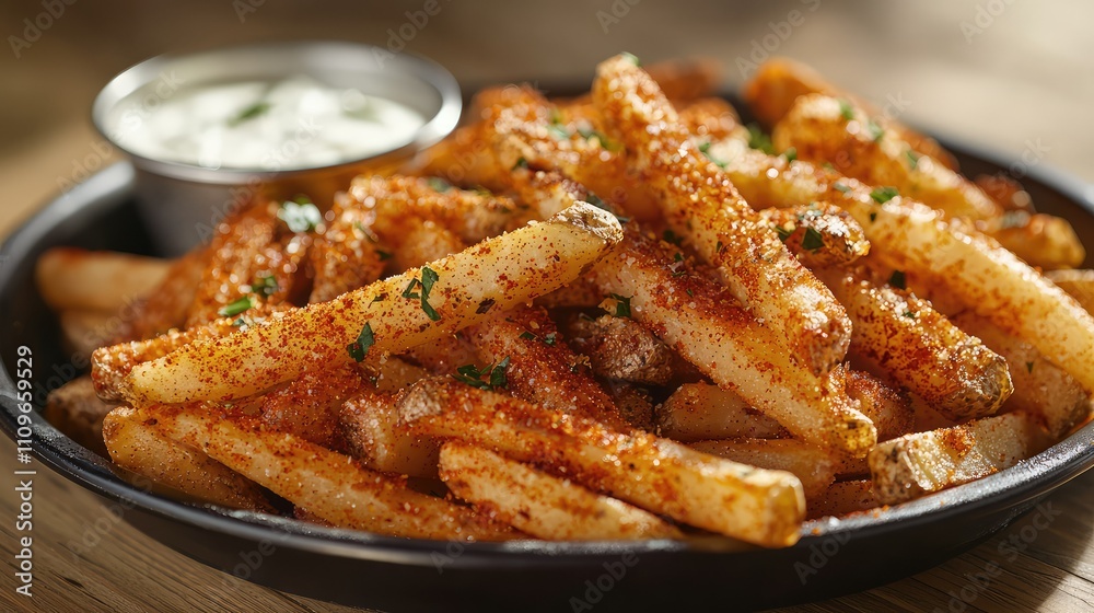 Crispy French Fries Coated with Spicy Seasoning Served with Creamy Dipping Sauce on a Rustic Wooden Table in a Cozy Restaurant Setting Crispy French Fries Coated with Spicy Seasoning Served with Creamy Dipping Sauce on a Rustic Wooden Table in a Cozy Restaurant Setting