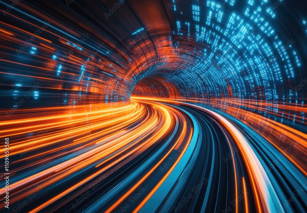 Vibrant Motion of Light Trails in a Digital Tunnel with Glowing Blue and Orange Effects Illustrating Technology and Speed in a Futuristic Setting