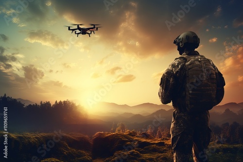 Soldier observes drone operation at sunset in a peaceful landscape. Generative AI photo