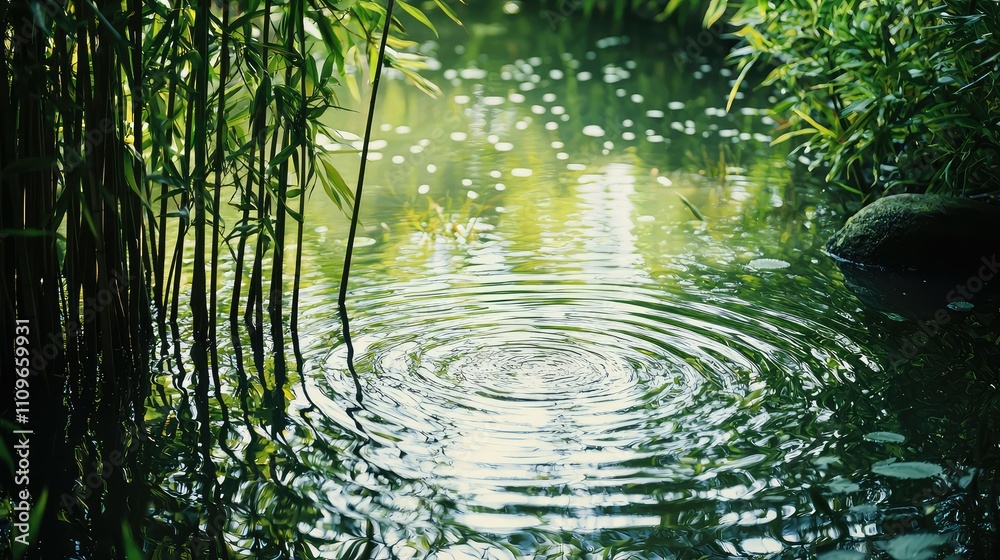 Serene Water Surface Surrounded by Lush Greenery with Gentle Ripples Reflecting Natural Light in a Tranquil Outdoor Environment Serene Water Surface Surrounded by Lush Greenery with Gentle Ripples Reflecting Natural Light in a Tranquil Outdoor Environment
