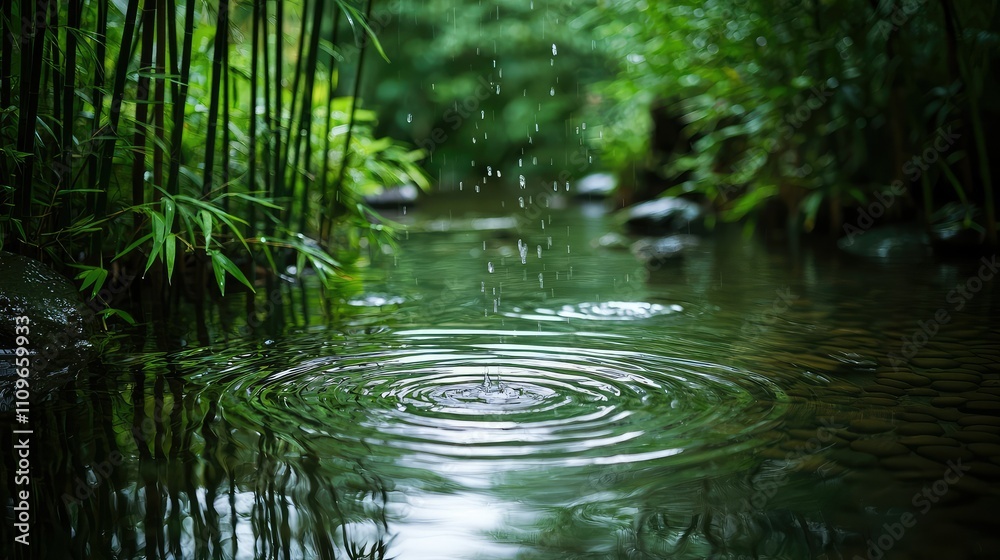 Serene Water Droplets Falling into a Tranquil Stream Surrounded by Lush Green Bamboo and Stones, Capturing the Essence of Nature's Peacefulness and Beauty Serene Water Droplets Falling into a Tranquil Stream Surrounded by Lush Green Bamboo and Stones, Capturing the Essence of Nature's Peacefulness and Beauty