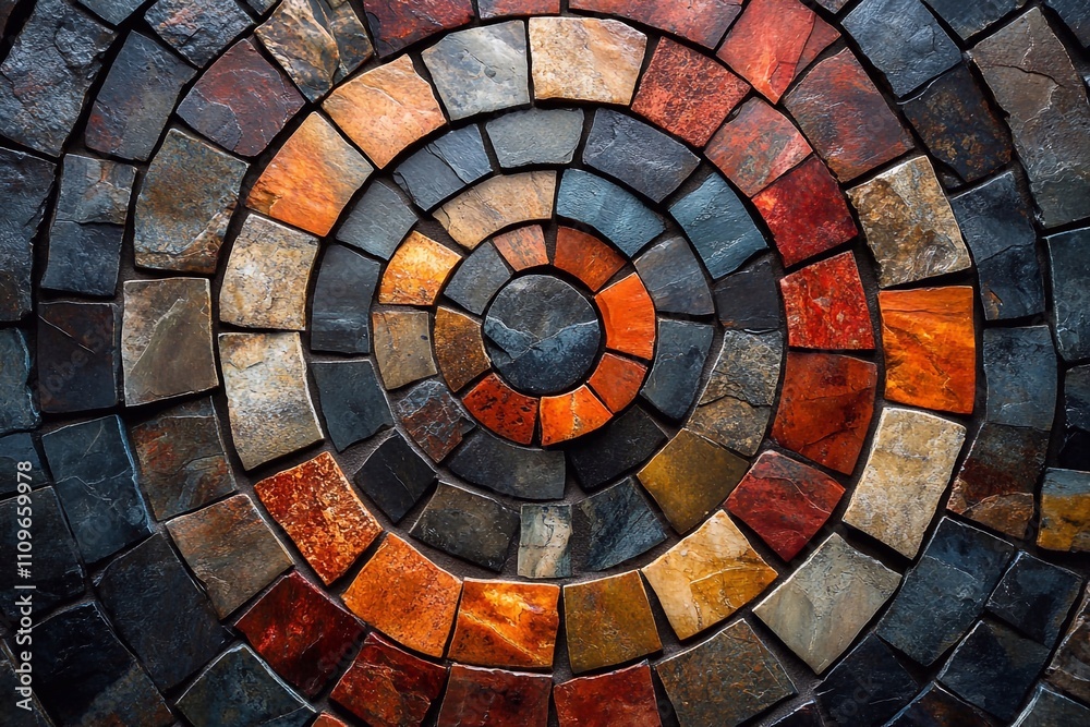 Fototapeta premium A circular mosaic design with earth tones, arranged in a spiraling pattern that draws the eye to the center.