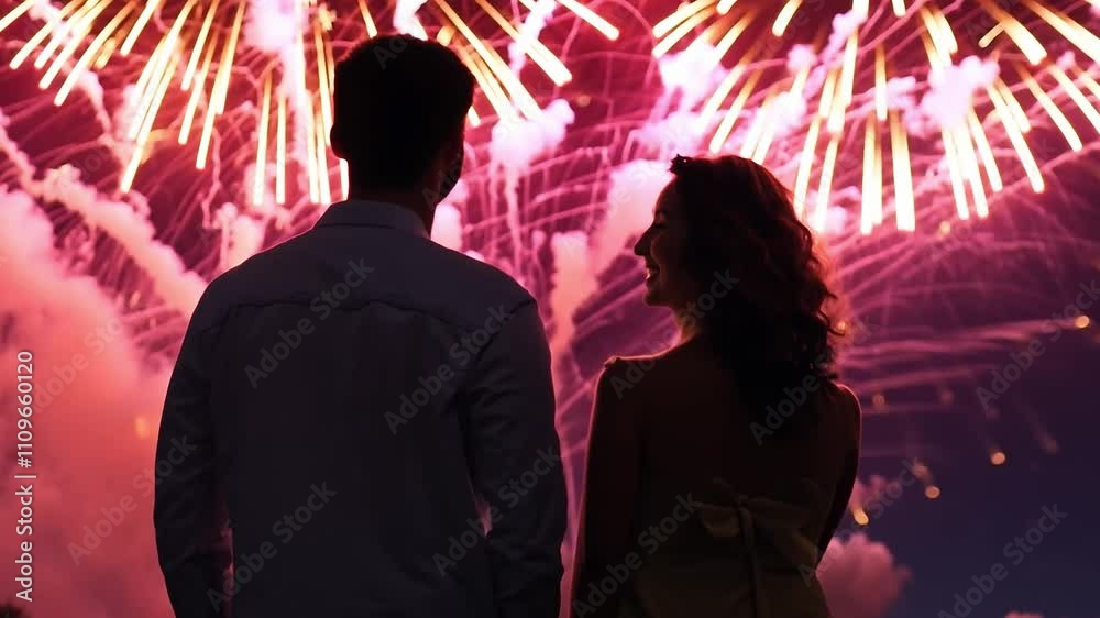 Couple is standing in front of a fireworks display. The man is wearing a white shirt and the woman is wearing a yellow dress. The fireworks are in the background and the sky is dark Couple is standing in front of a fireworks display. The man is wearing a white shirt and the woman is wearing a yellow dress. The fireworks are in the background and the sky is dark