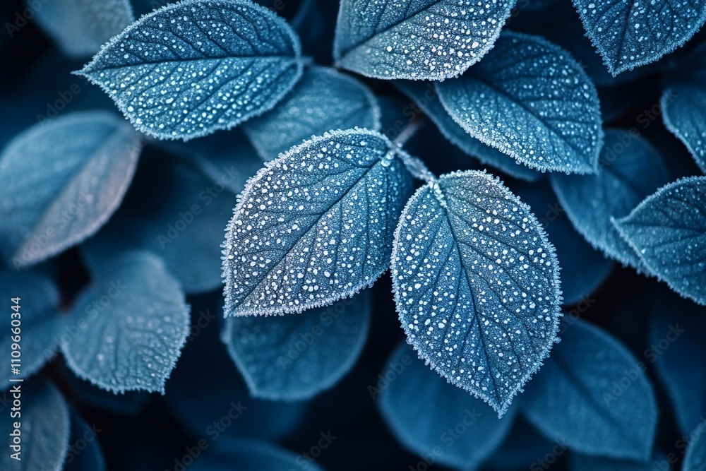Obraz premium A close-up of frosty leaves in the winter, covered in delicate ice crystals, evoking a chilly atmosphere.