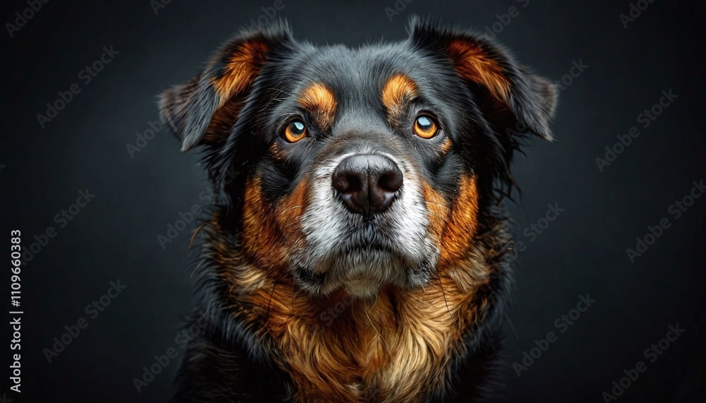 Black dog closeup portrait in high resolution on plain black background. Black dog closeup portrait in high resolution on plain black background.