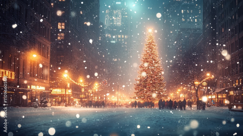 Illuminated Christmas Tree on Snowy City Street at Night