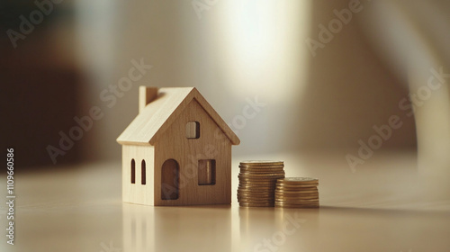 Wooden House Model with Coin Stacks Homeownership Savings Finance Real Estate