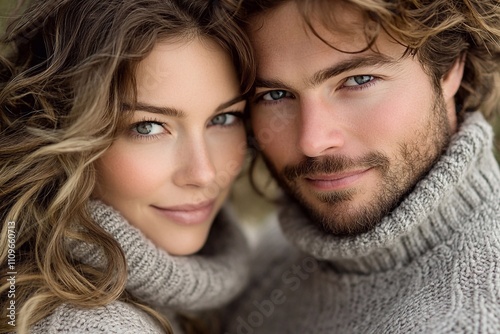 A close-up of the man and woman in love, both wearing light grey sweaters with long hair, hugging each other gently on their necks. The photo was taken outdoors under natural lighting conditions. It i