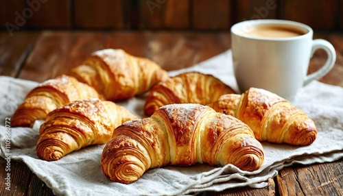 “Freshly baked croissants": Hot, golden croissants laid out on a towel with a slight sheen, a cup of coffee nearby.