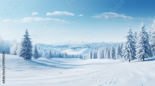 Snow-covered landscape in winter morning light reveals serene beauty. Generative AI