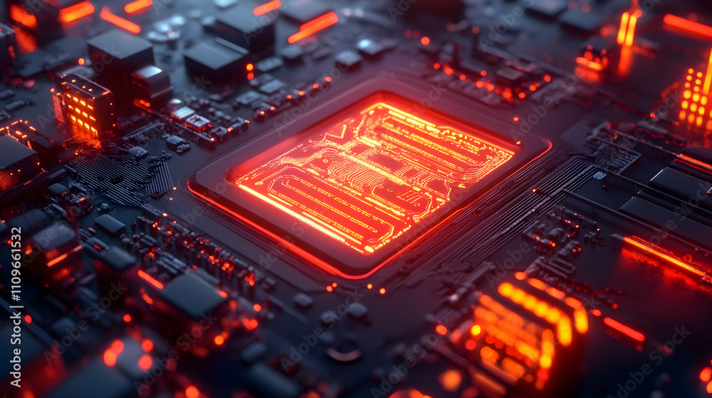Fototapeta premium A glowing red microprocessor embedded on a circuit board, symbolizing advanced computing power and futuristic technologies.