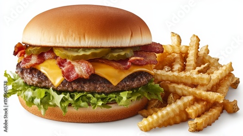 A delicious burger with bacon, cheese, pickles, and lettuce, served with crinkle-cut fries.