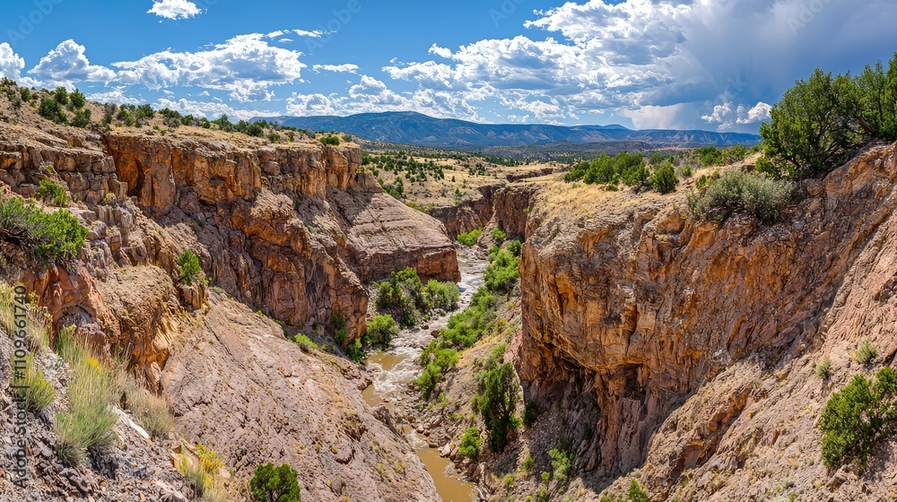 Obraz premium Breathtaking Scenic View of Arid Canyon Landscape Under Dramatic Clouds with River Flowing Through the Valley Amidst Green Vegetation and Rocky Terrain