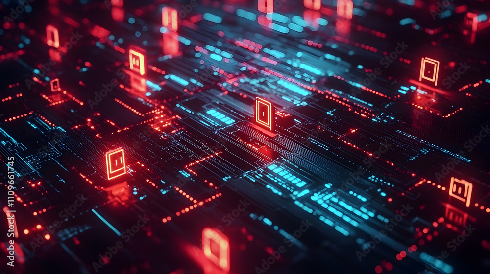 Glowing red padlocks connected on a blue digital network, symbolizing secure access points in an advanced system. Glowing red padlocks connected on a blue digital network, symbolizing secure access points in an advanced system.
