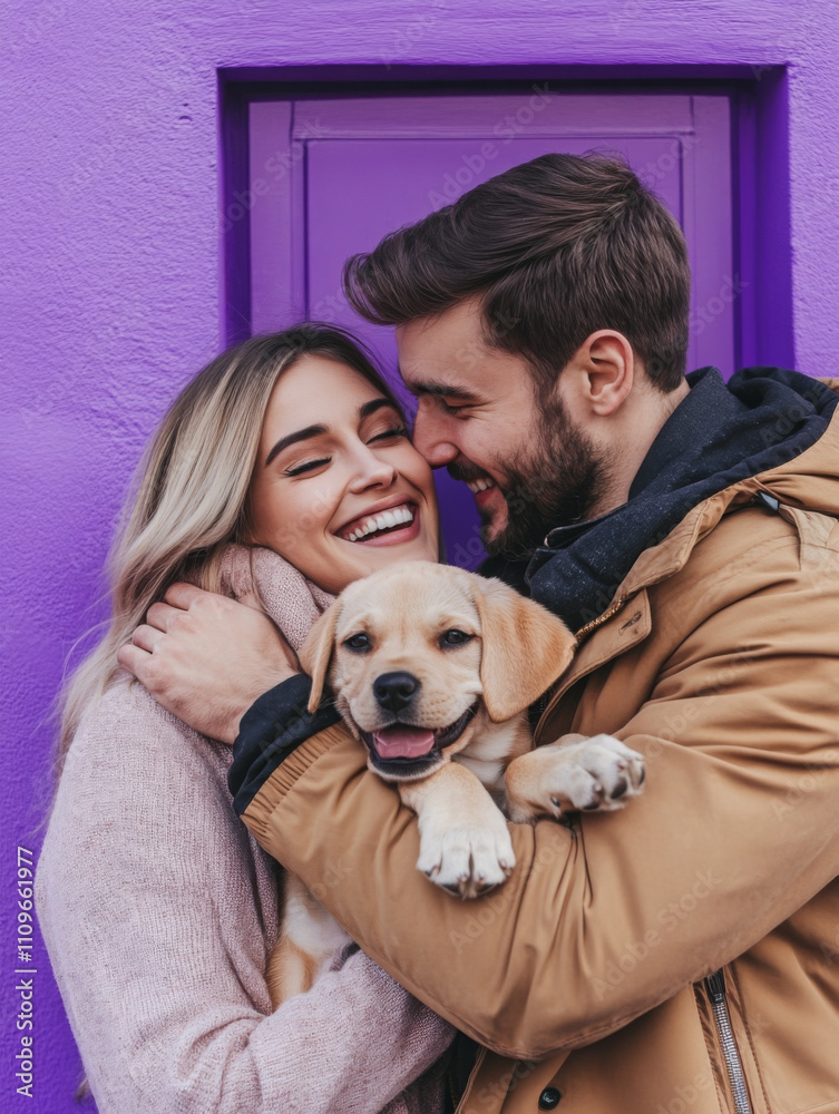 real photo of a 30 year old handsome couple hugging their puppy celebrating they have just bought a new home. A purple apartment is behind them. real photo of a 30 year old handsome couple hugging their puppy celebrating they have just bought a new home. A purple apartment is behind them.