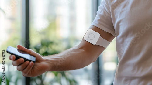 Man using health tracker app on smartphone wearing biometric sensor on arm