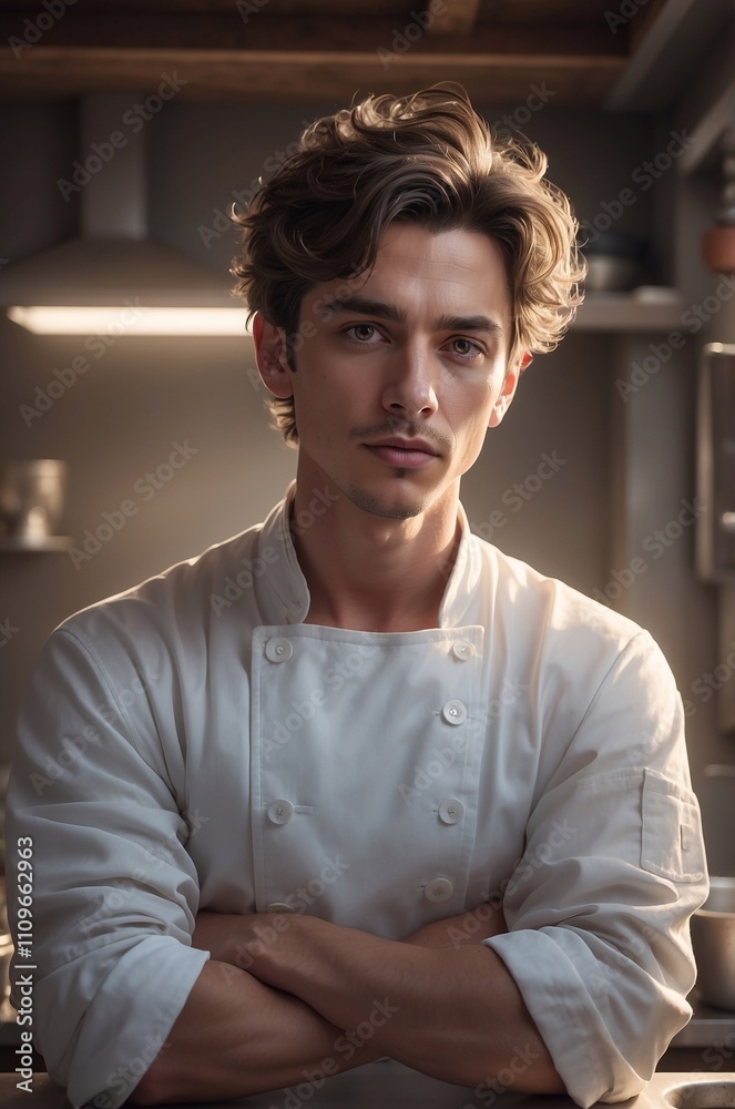 Chef man stands in the kitchen. Close up portrait. Illustration