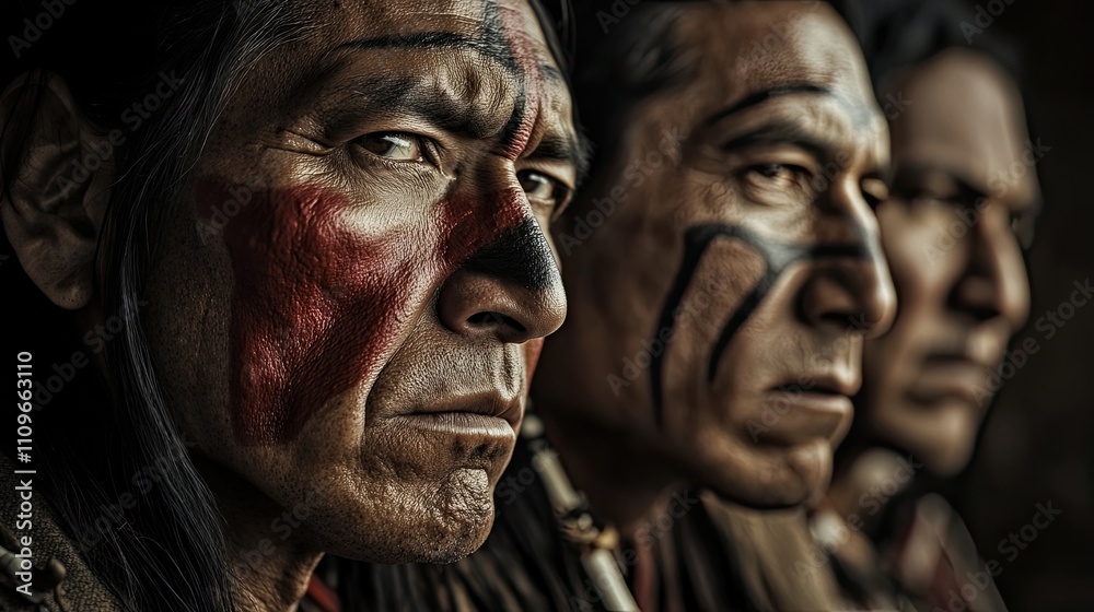 Portrait of Native American men's faces with war paint and marks. Portrait of Native American men's faces with war paint and marks.
