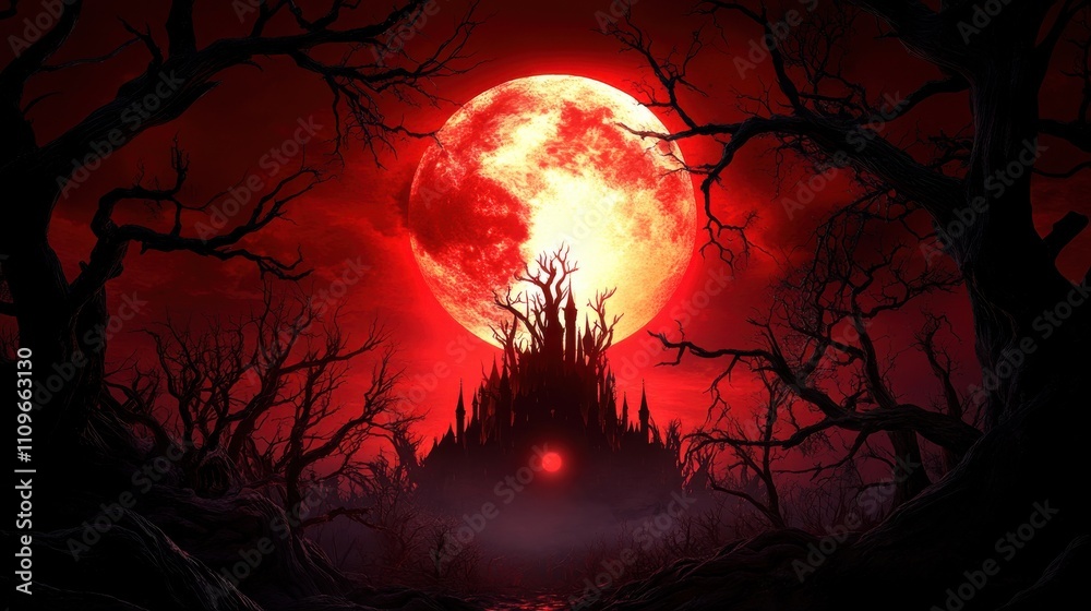 A red moon is in the sky above a castle A red moon is in the sky above a castle