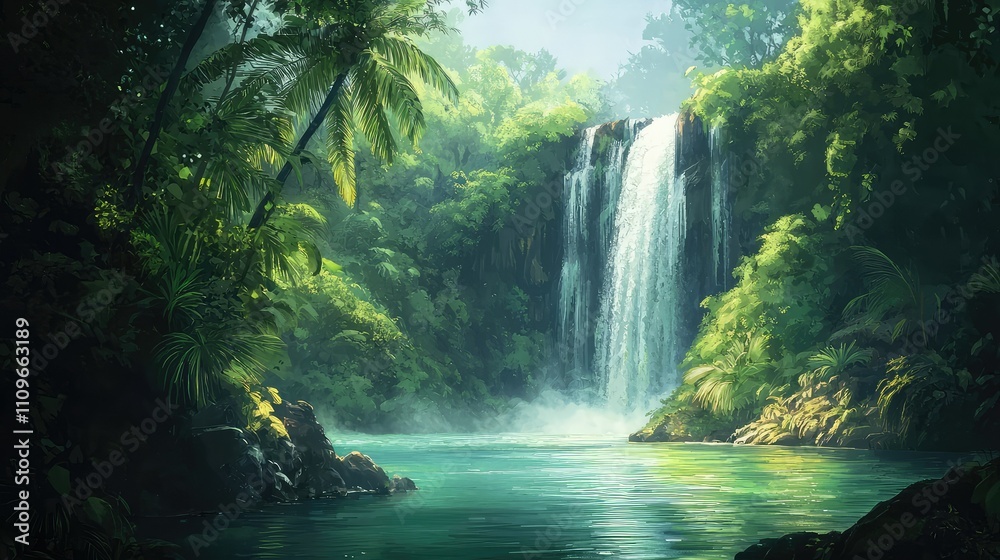 Serene Waterfall Surrounded by Lush Greenery in a Vibrant Tropical Forest Landscape with Mist and Reflections in Calm Waters Serene Waterfall Surrounded by Lush Greenery in a Vibrant Tropical Forest Landscape with Mist and Reflections in Calm Waters