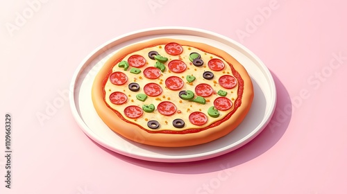 3d isometric illustration, pizza menu on a tray, plain pastel background 