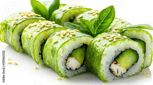 A gourmet sushi roll sliced into pieces, filled with vibrant ingredients like cucumber, avocado, and crab meat, garnished with sesame seeds photo