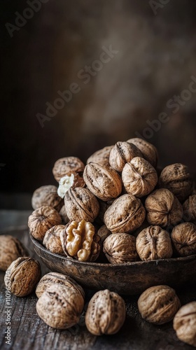 A close-up of a bowl filled with whole walnuts, placed against a rustic, dark background, highlighting the earthy textures and natural look of the nuts. AI generated. photo