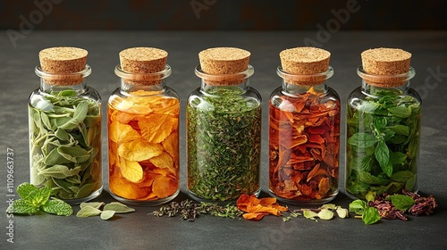 Glass jars with herbs macerated in alcohol inside, in a row on a plain background. Concept of natural ointments and essential oils. photo