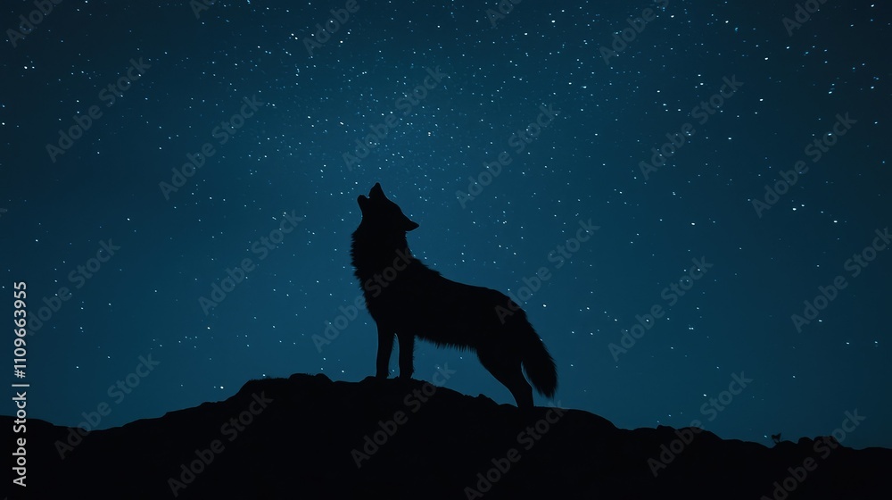 Majestic Wolf Howling at Starry Night Sky Over Silhouette Mountain Landscape, Evoking a Sense of Freedom and Wilderness in the Natural World Majestic Wolf Howling at Starry Night Sky Over Silhouette Mountain Landscape, Evoking a Sense of Freedom and Wilderness in the Natural World