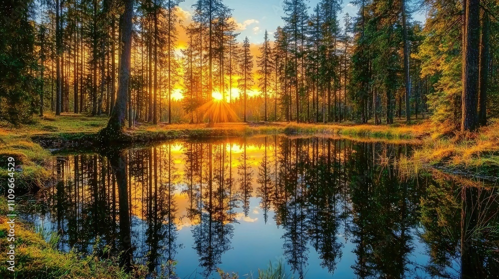 Serene Sunset Over Forest Pond with Reflections of Trees and Colorful Sky in Tranquil Natural Setting Ideal for Nature Lovers and Scenic Photography Serene Sunset Over Forest Pond with Reflections of Trees and Colorful Sky in Tranquil Natural Setting Ideal for Nature Lovers and Scenic Photography