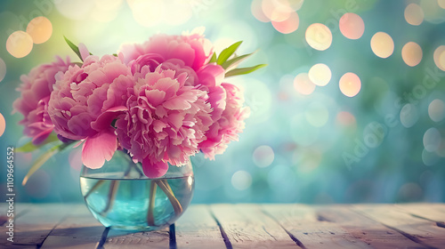 Fototapeta Naklejka Na Ścianę i Meble -  Pink peonies in a vase on a wooden floor with a bokeh background, styled in a retro photo with soft focus.